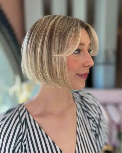 Dimensional Blunt Bob with Ombre Balayage and Bangs for women in their 40s