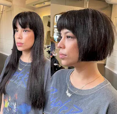 Blunt Precision French Bob Cut with Fringe for women with thicker hair