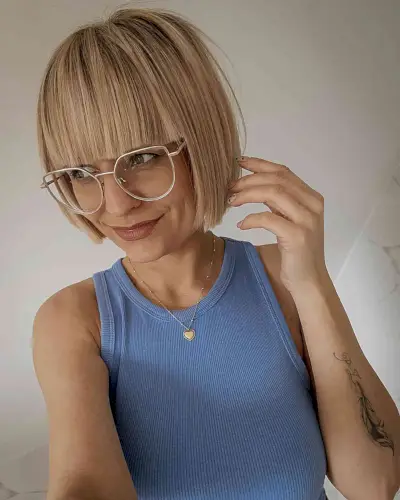 Blunt Cut Bob with Blunt Cut Bangs for short dark blondes with glasses
