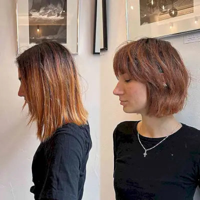 Blunt Short Copper Bob with Wispy Layers and Bangs