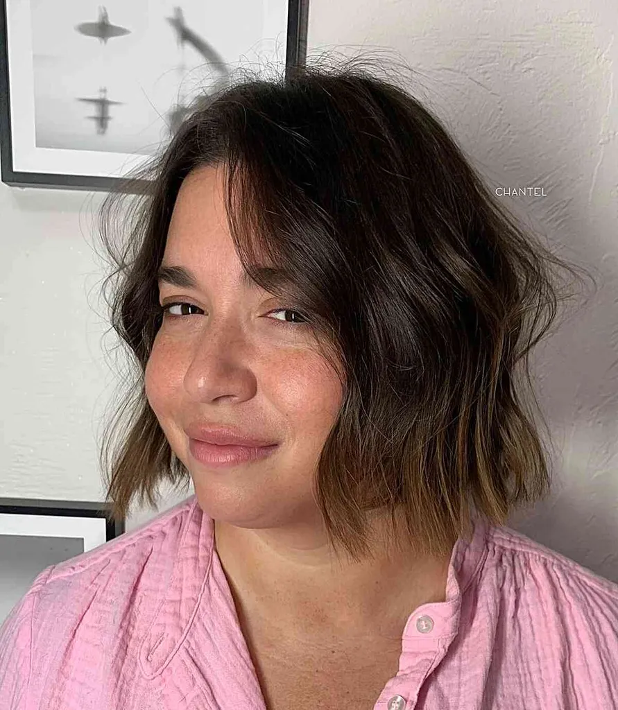 Bob ondulado de praia curto e fino para mulheres com bochechas mais cheias' title=