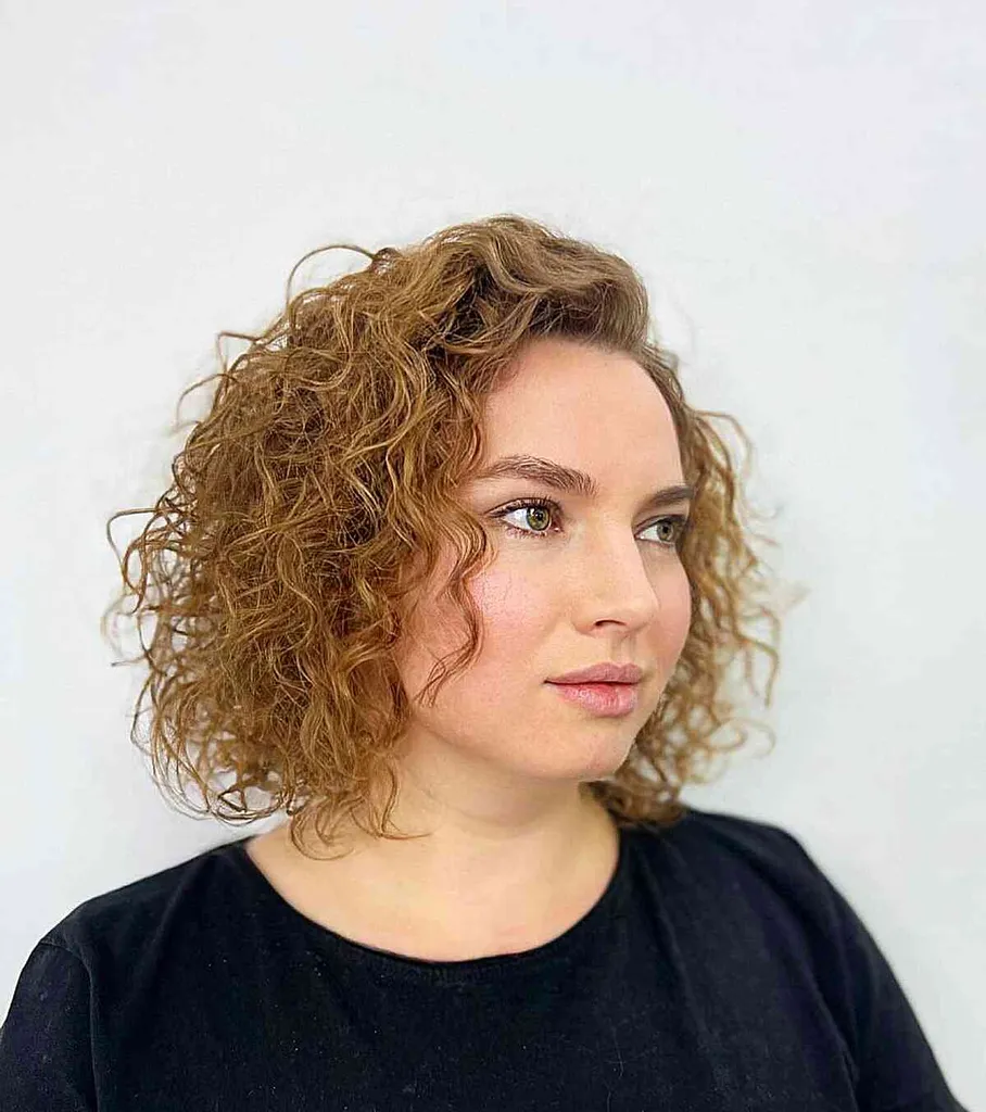 Bob com cachos na altura do pescoço com uma parte lateral profunda em formatos de rosto mais redondos' title=