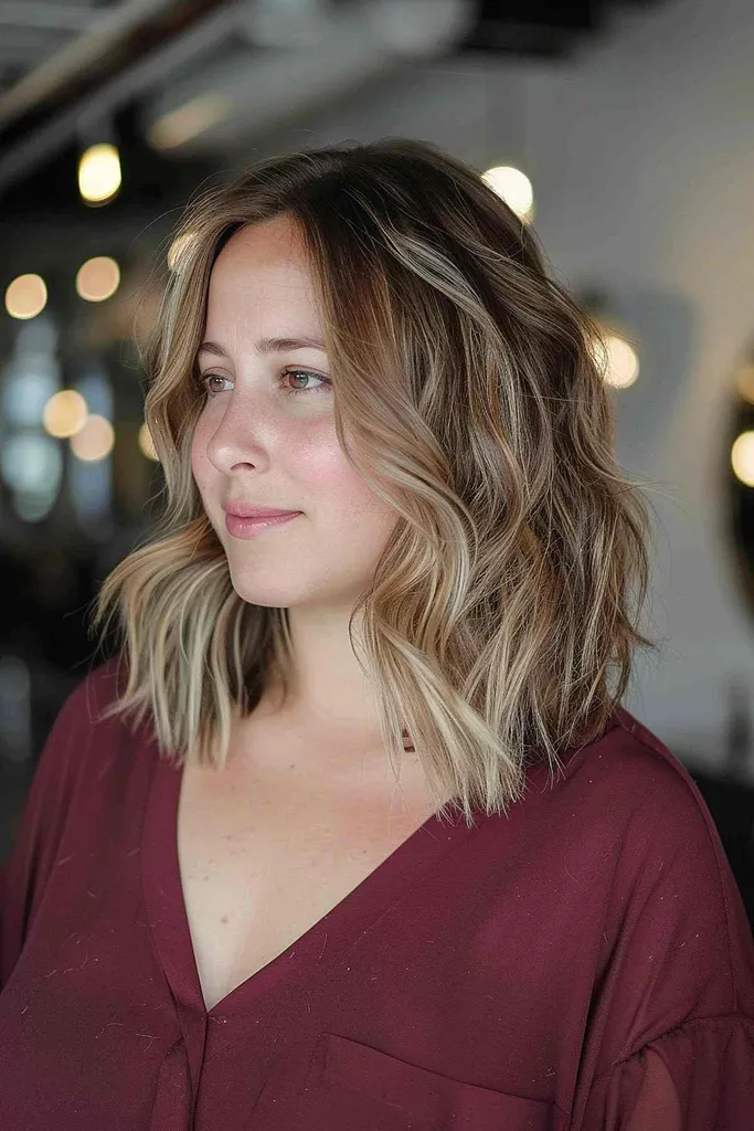 Bob angulado de comprimento médio com ondas suaves e destaques balayage para formato de rosto redondo' title=