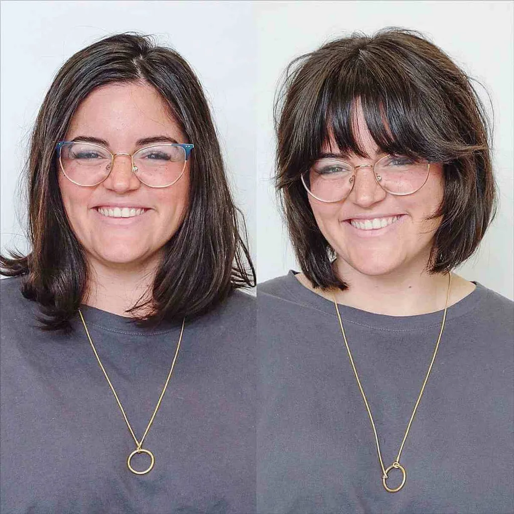 Bob chique em camadas marrom chocolate escuro para um rosto redondo' title=