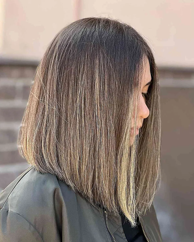 Long Bob para um rosto redondo com destaques beijados pelo sol' title=