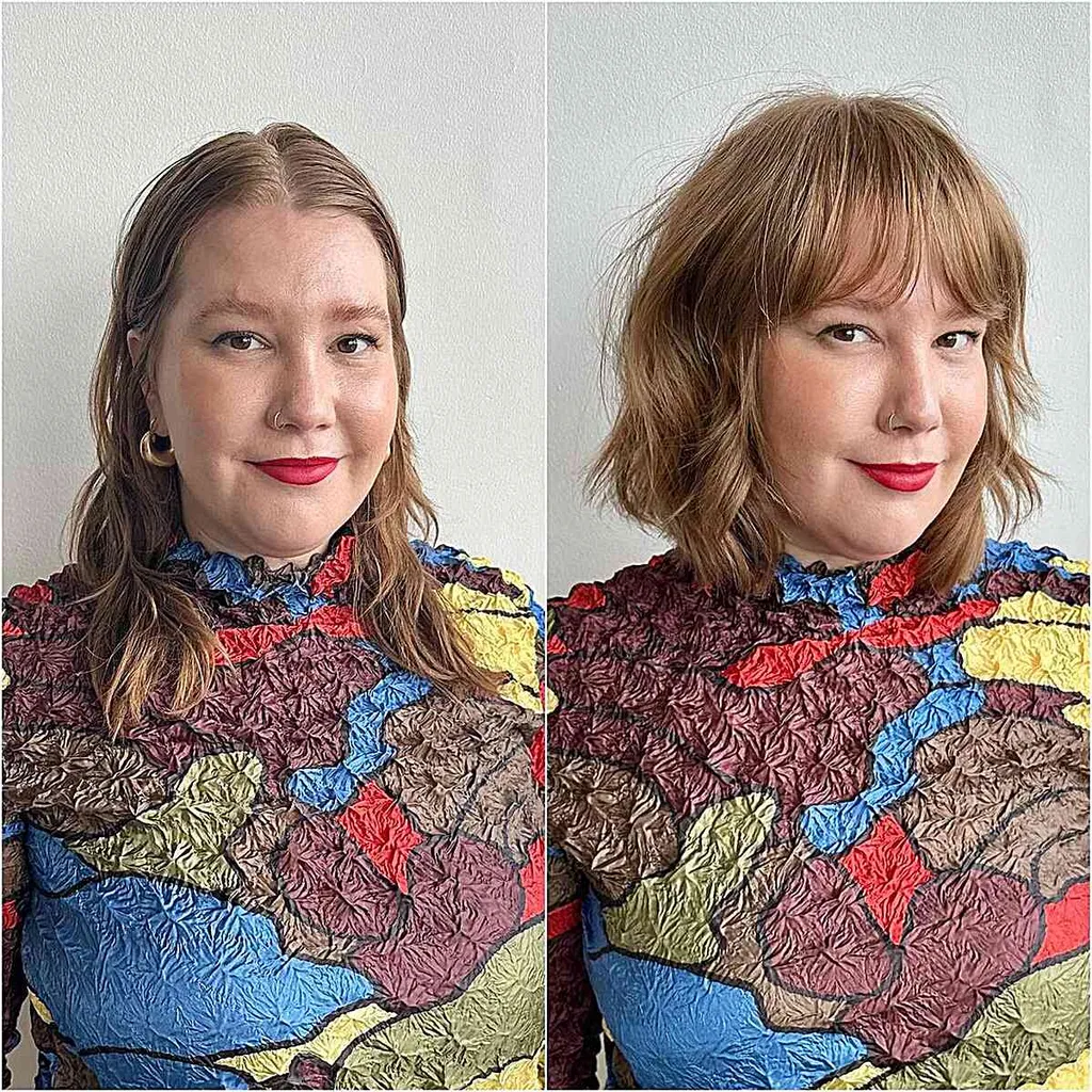 Cabelo curto bob em camadas com franja fina em mulheres plus size' title=