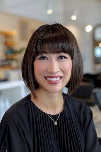 Chinese woman with sleek brunette bob and precision bangs