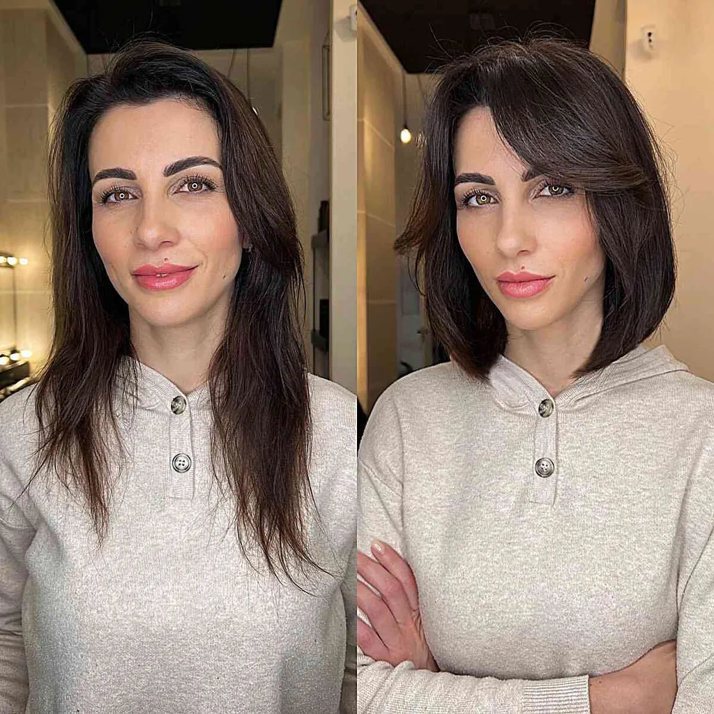 다크 초콜릿 사이드 파트 롱 밥, 프린지가 옆으로 쓸어지는 스타일' title=