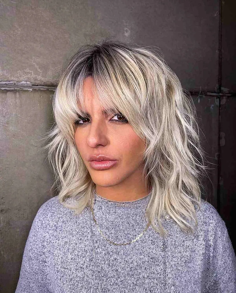 눈썹을 가릴 정도로 앞머리가 있는 덥수룩한 중간 길이의 밥' title=