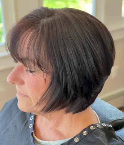 Stacked bob with fringe for older women with thin hair