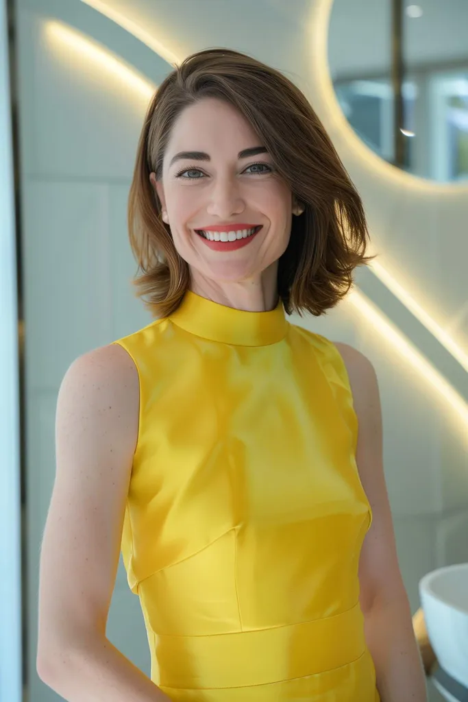 Ženska z elegantnim obrnjenim bobom z globokim stranskim delom in čistimi linijami.' title=