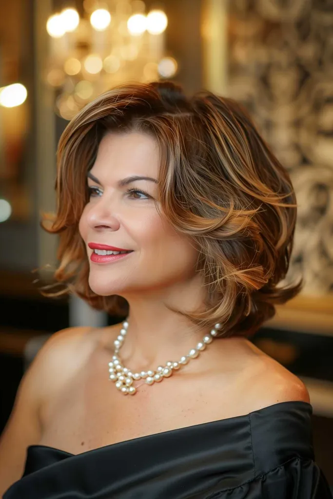 Ženska z obrnjenim bobom za čajno skodelico s subtilnim balayage in mehkimi valovi.' title=