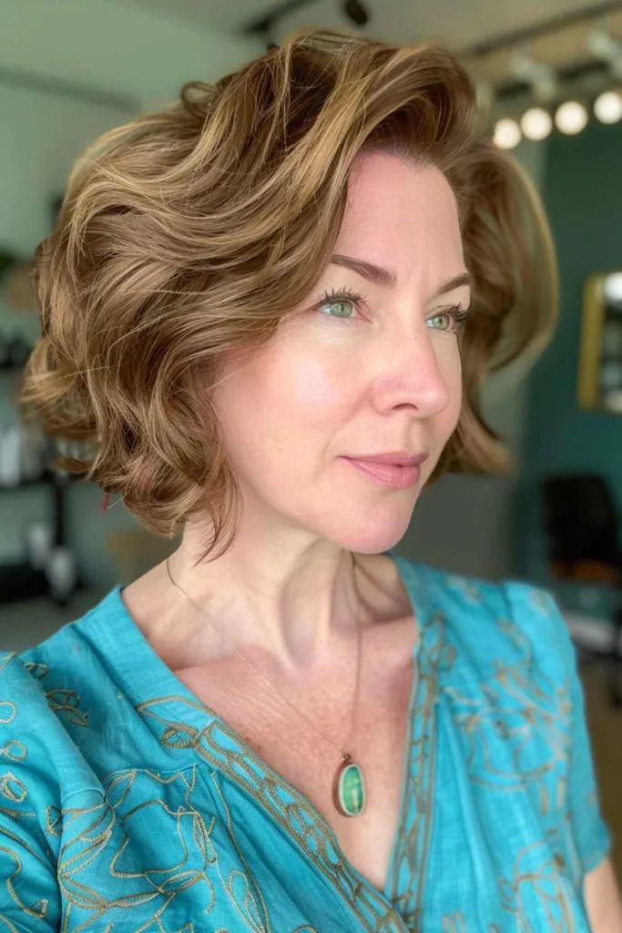 Ženska s teksturiranim obrnjenim bobom za čajno skodelico, ki ima večplastne valove in na stran poševne šiške.' title=