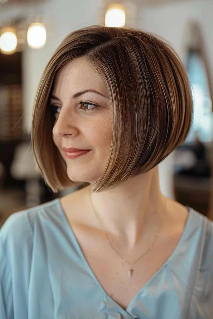 Elegant hakelang bob med A-linjesnitt for et moderne sofistikert utseende.' title=
