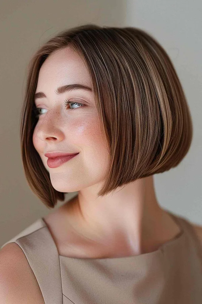 A-linjet hakebob for runde ansikter med lengre frontlag og glatt rett kutt.' title=
