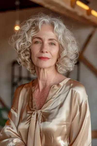 Mature woman with elegant silver wavy bob hairstyle