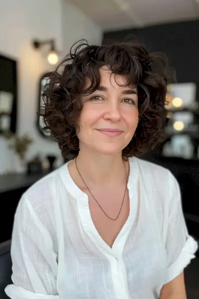 Short Curly Bob with Full Bangs and Rounded Shape