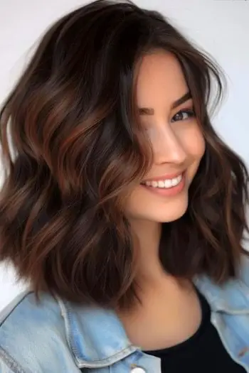 Účes Čokoládový lob s karamelovými odlesky.