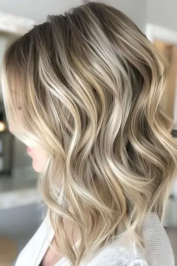 Vlnitý lob s platinovým melírovým účesem.