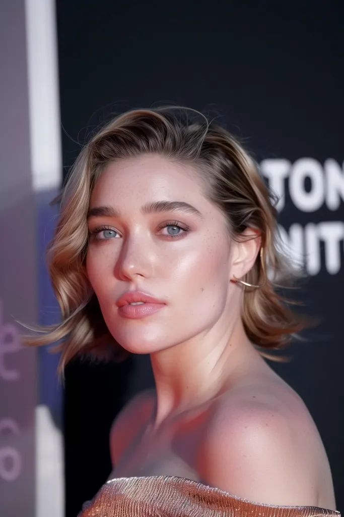 אישה עם תספורת בוטה בוטה ומבריקה המציגה מרקם טבעי באירוע' title=