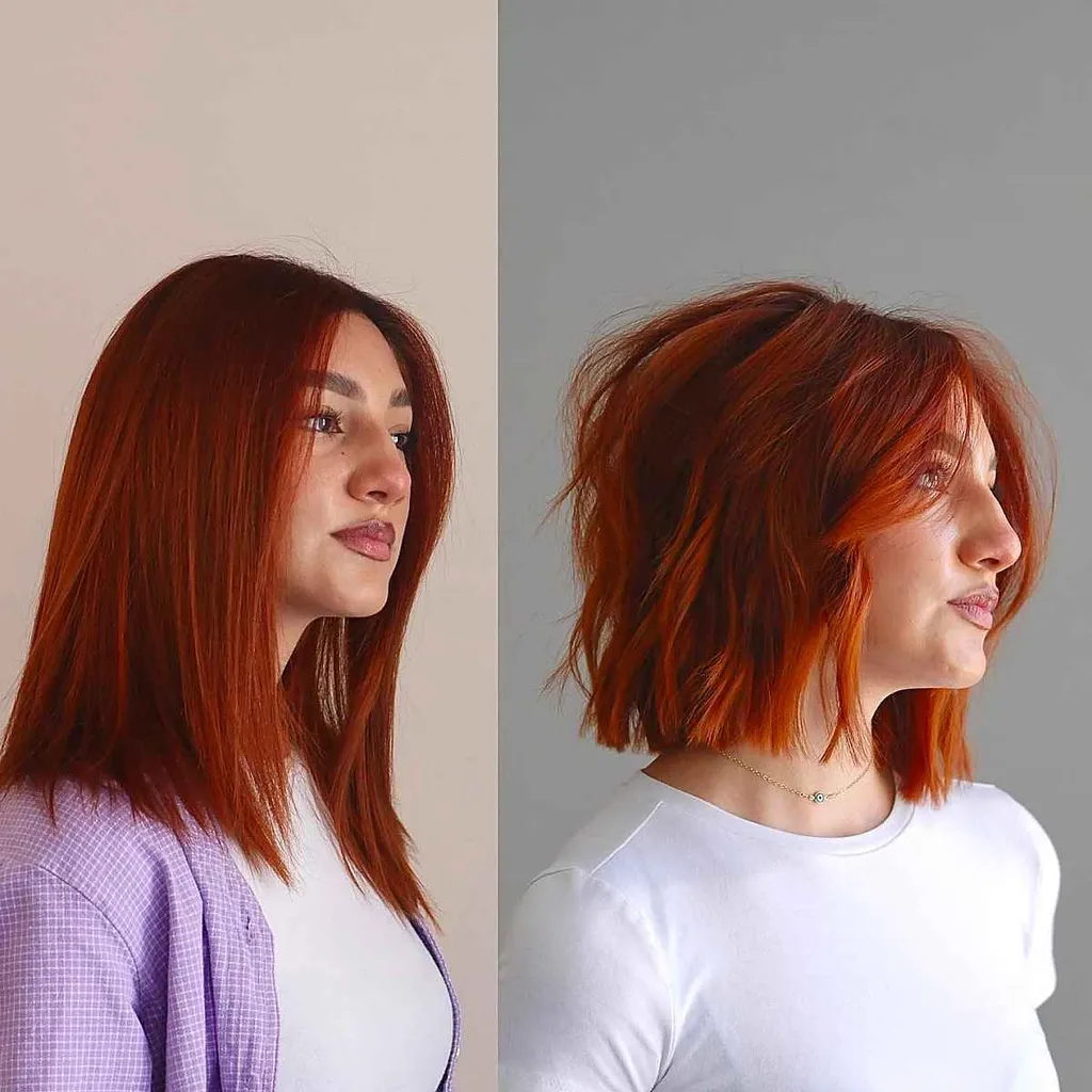 גזרה קהה אדומה קצרה עם פוני וילון' title=