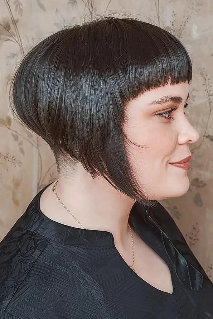 Edgy Stacked Bob med afrundet frynser og undercut' title=