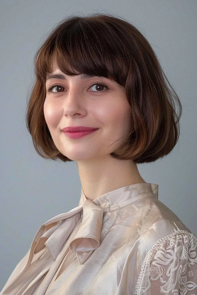 Chanel bob klipning med fuldt voluminøst pandehår og en buet silhuet.' title=