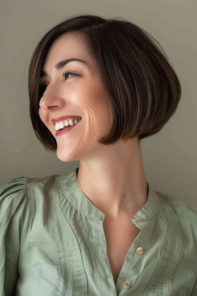 Chanel bob med rene stumpe kanter for en skarp geometrisk frisure.' title=