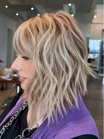 Long Shaggy Angled Bob With Bangs