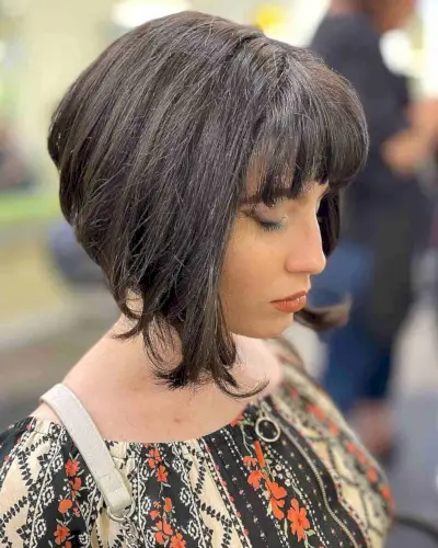 Long Stacked Angled Bob with Bangs