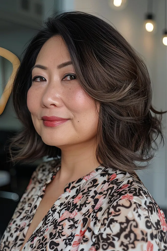 Sluoksniuota „lob“ šukuosena moterims su apvaliomis veido formomis, suteikiančiomis apimties ir matmenų bei gražiai įrėminanti veidą' title=