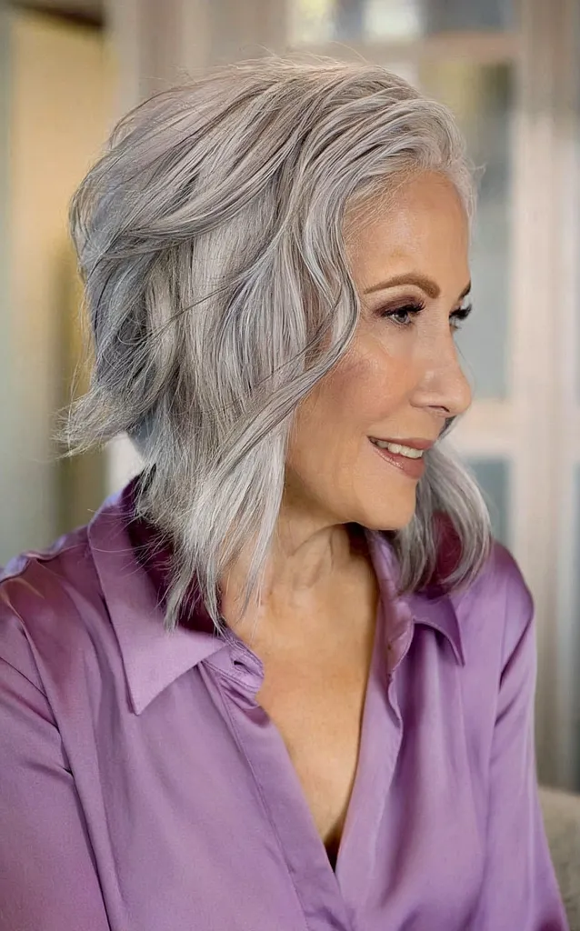 Corte Bob em ângulo cinza para cabelos finos' title=