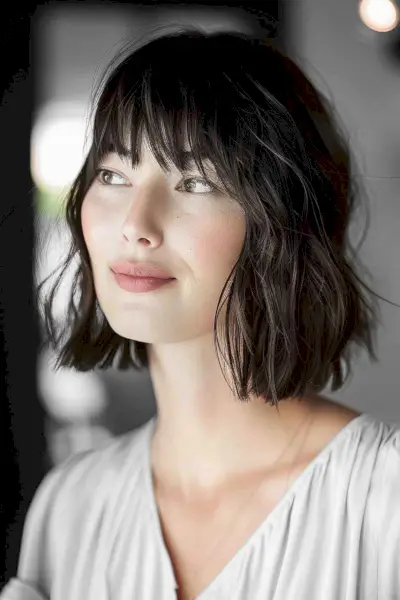 Textured bob with wispy fringe, featuring subtle layers and volume for fine to medium hair