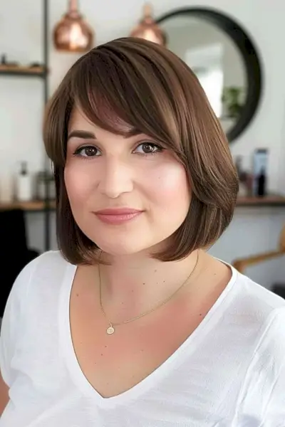 Chic chin-length bob with side-swept bangs and face-framing layers.