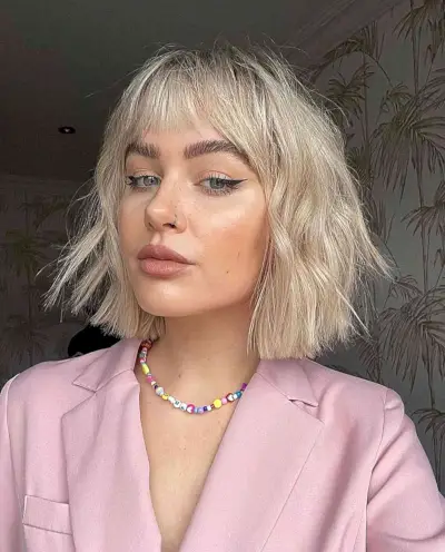Wavy Bob with Bangs on Blonde Hair