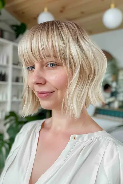 Buttery blonde bob with blunt bangs and soft waves, adding a modern touch to a classic cut, ideal for fine to medium hair density.