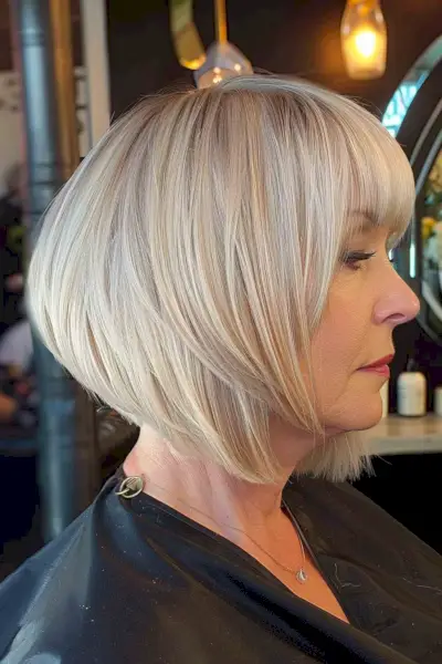 Mature blonde swing bob with straight bangs for fine to medium hair