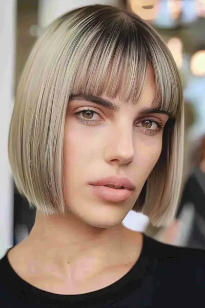 Beautiful blunt bob with bangs, ideal for square-shaped faces.