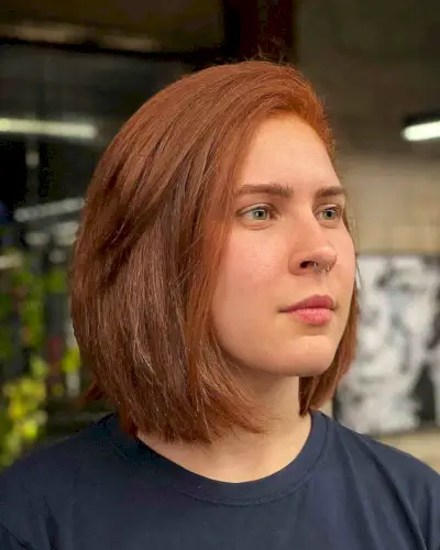 Neck-Length Copper Blunt Bob with a Deep Side Part