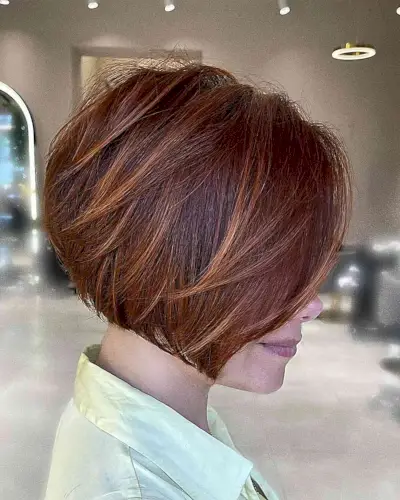 Short Dark Auburn Graduated Bob with Copper Streaks