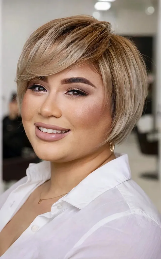 Bob corto all'altezza della mascella con frangia laterale su donne di 40 anni con facce rotonde' title=