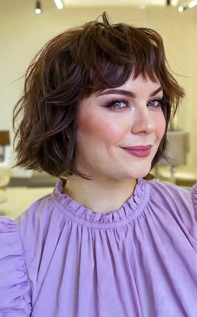 Scoppi mossi per taglio di capelli francese corto e strutturato per facce rotonde' title=