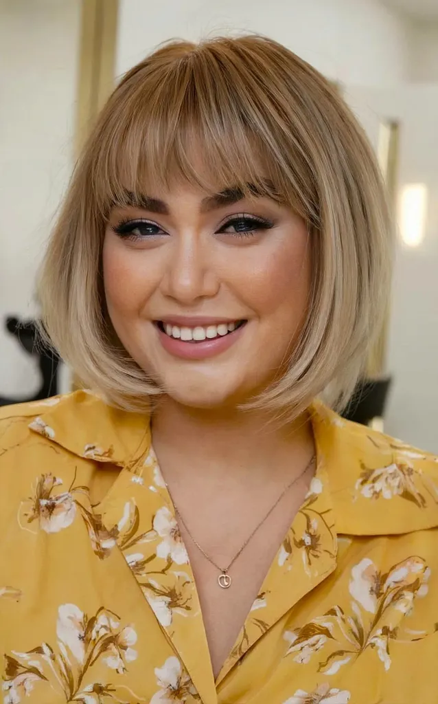 Bob francese dritto al mento con frangia sottile per volti rotondi' title=