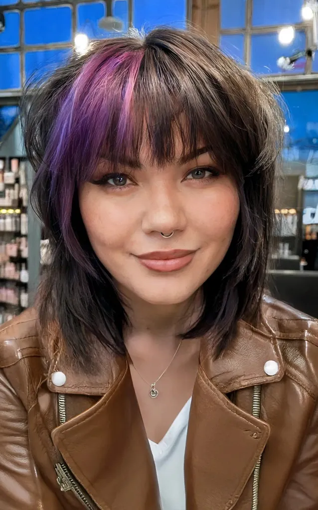 Taglio a lupo corto e spigoloso con tonalità viola grossa per donne con zigomi prominenti' title=