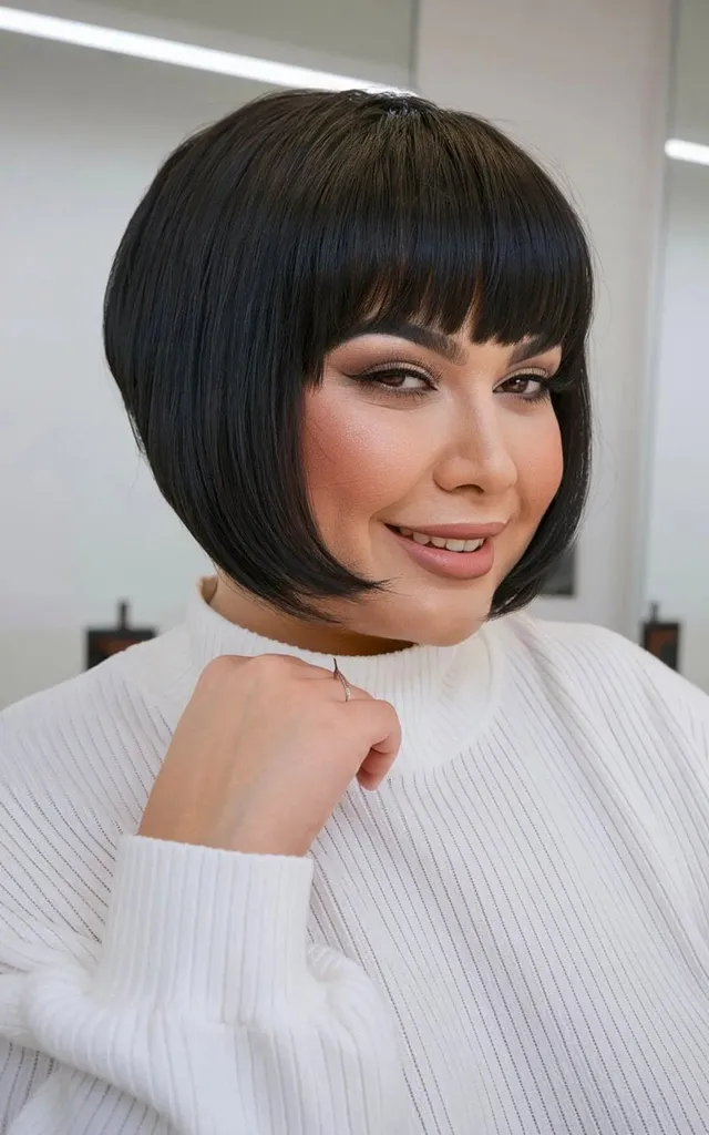 Pixie Bob nero a lunghezza mascella con mini frangia per volti a forma rotonda' title=