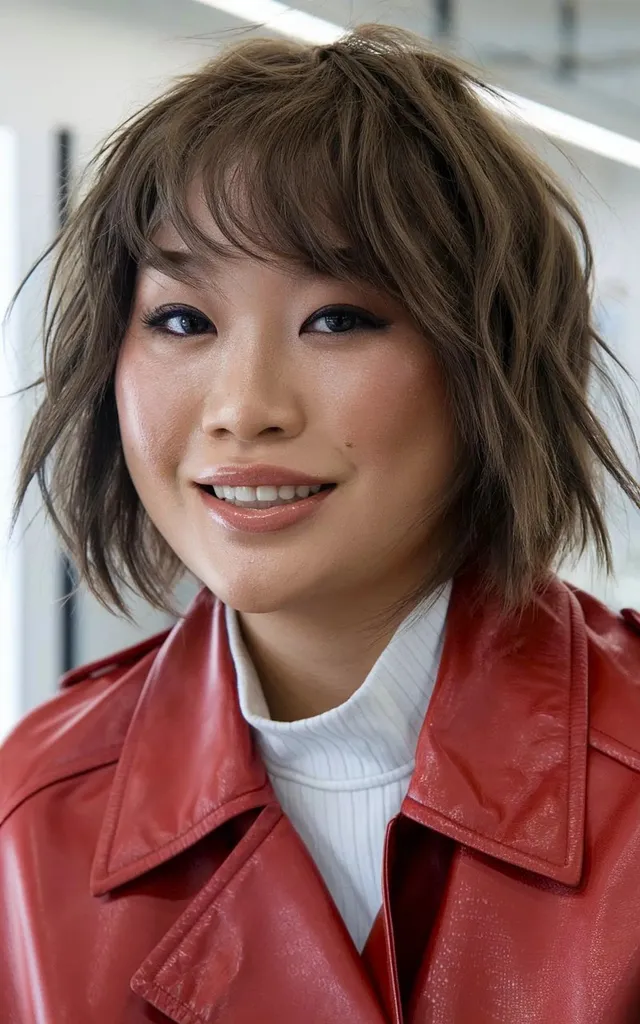 Chin Bob disordinato con frangia trasparente per forme del viso arrotondate' title=