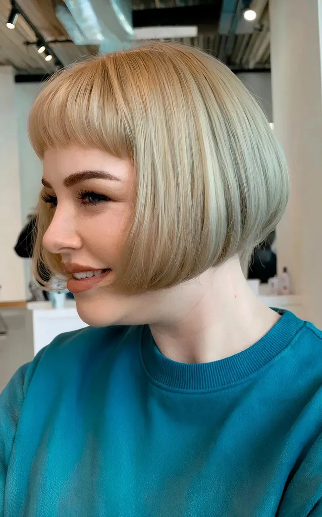 Bob classico molto corto e frangia arcuata sulle donne con doppio mento' title=