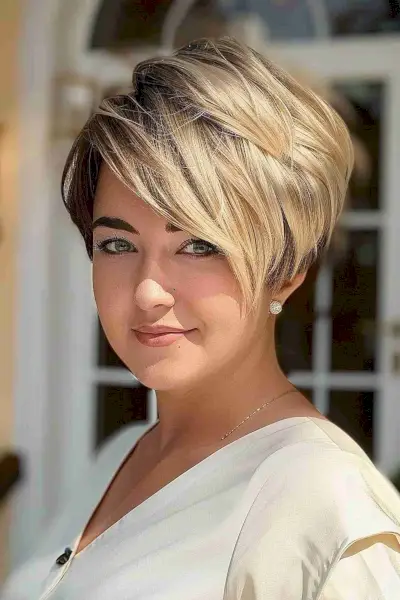 blonde edgy pixie cut with dark roots