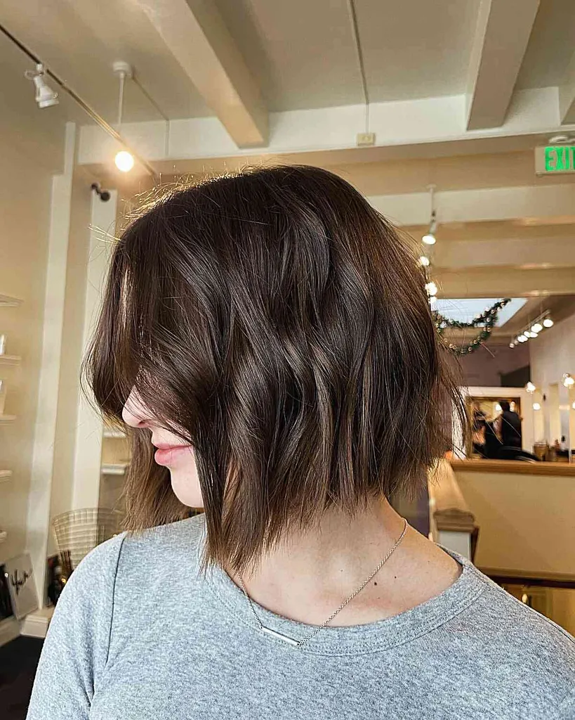 Nízkoúdržbový brunetový krátky bob s roztrieštenými končekmi' title=