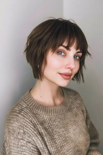 Jaw-length bob with soft choppy layers and delicate bangs